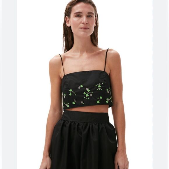 Ganni Black Floral Embroidered Crystal Embellished Square Neck Crop Top S $395 - Picture 1 of 10